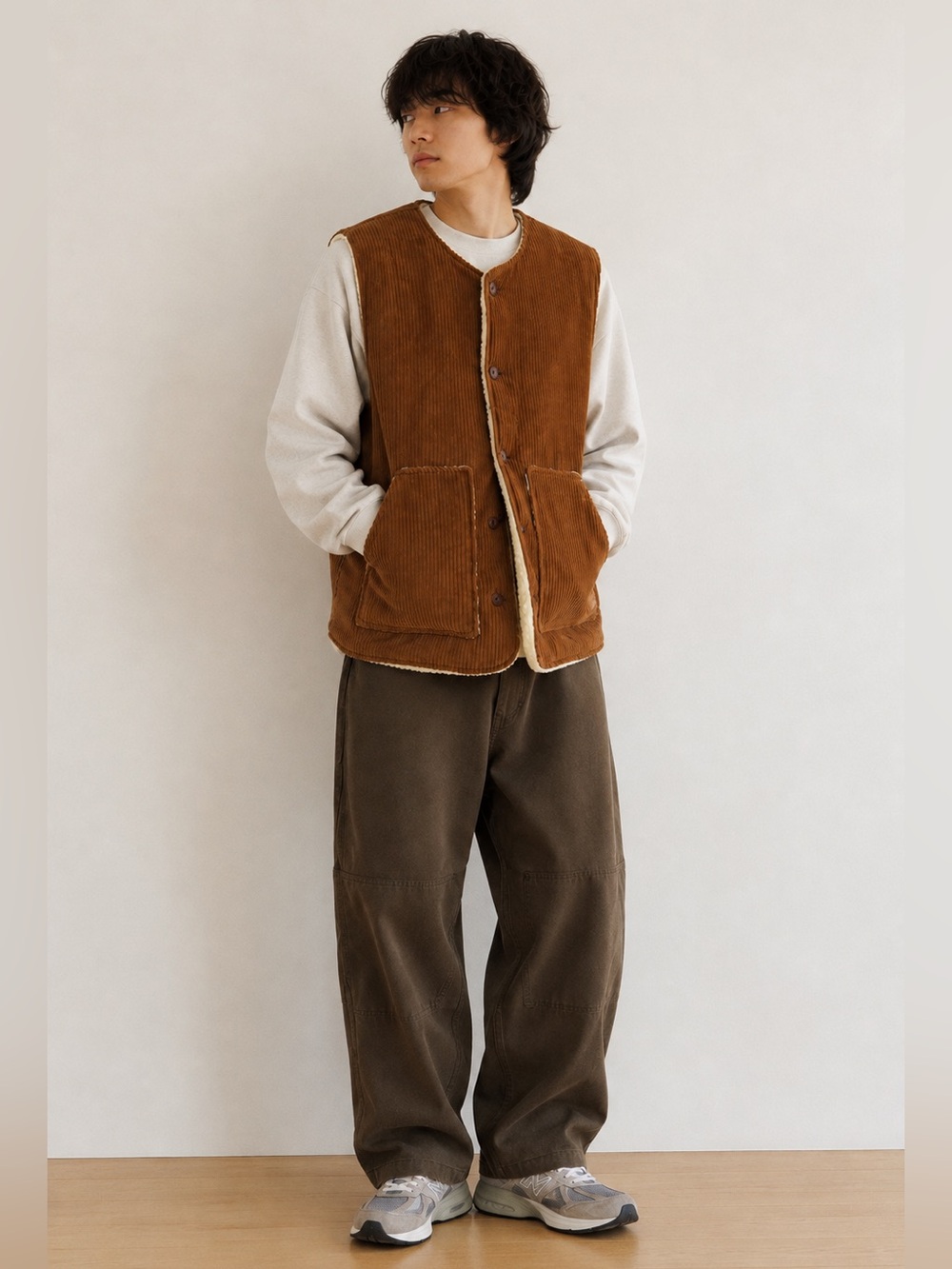Kappy Design Corduroy Fleece Lined Vest Camel Brown Unisex Korean WorkWear M